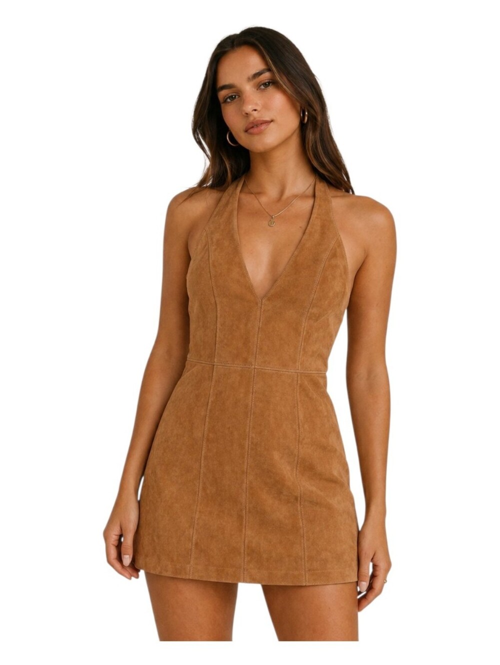 MOTHER The Neckline Faux Suede Mini Halter Dress Cinnamon Spice Floral Sz M EUC